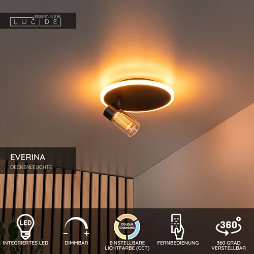 Lucide EVERINA - Deckenleuchte - Ø 23 cm - LED Dim. - CCT - 2200K/6500K - Schwarz | Essential - USP
